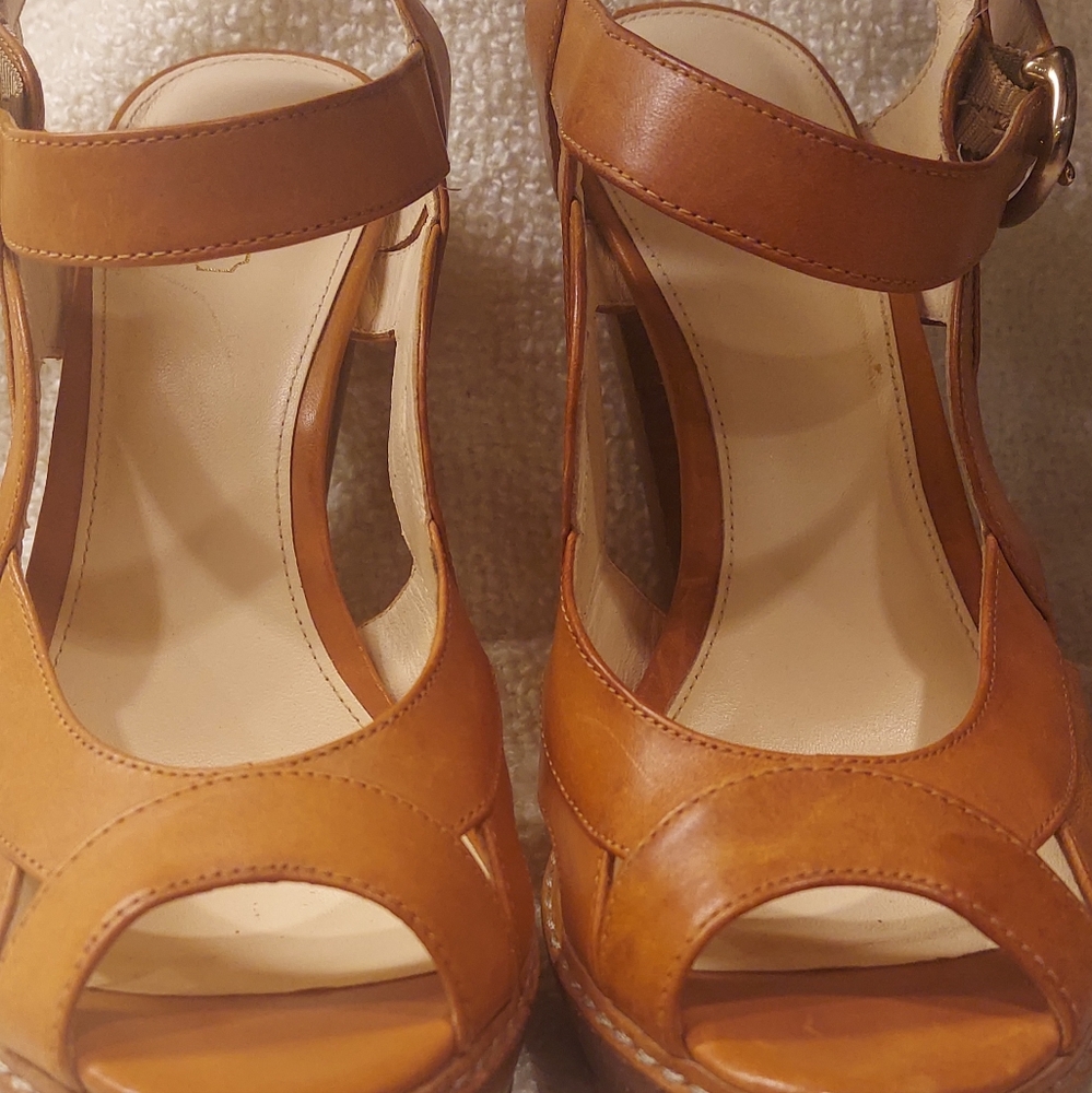 Used Coach Leather Peep Toe Buckle Tie 5" Heels, one heel has water stain - Picture 2 of 5